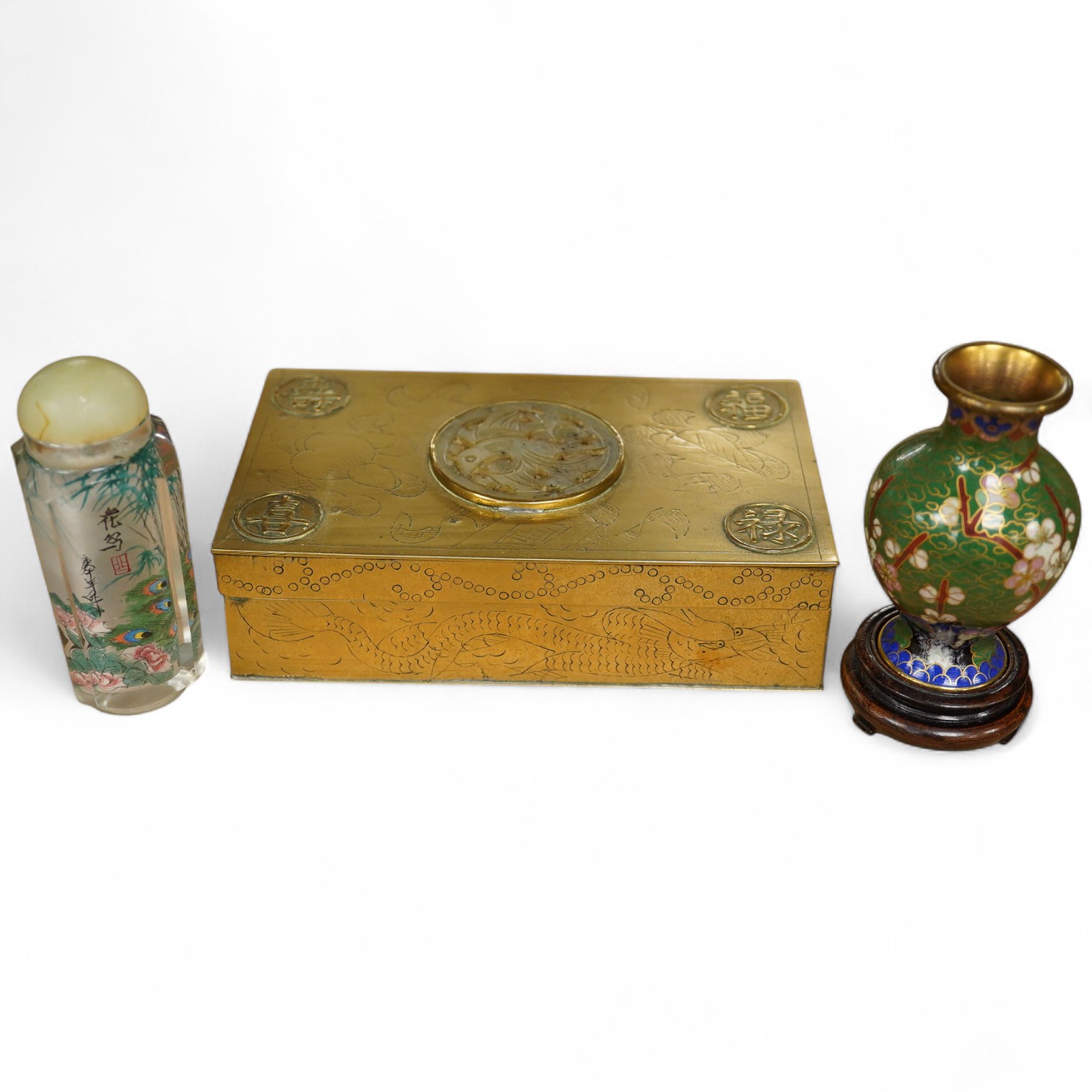 A Chinese brass and bowenite inset box, a cloisonné enamel miniature vase, and an inside painted snuff bottle, largest 15cm wide